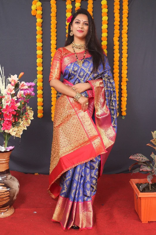 Versatile Comfort Wear Women's Blue Woven Kanjivaram Silk Saree With Blouse  (Saree Blouse Without stitch) - Aastha Fashion