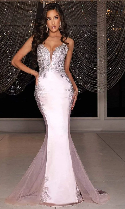 Relaxed Jackets Portia and Scarlett - PS22212 Plunging V-Neck Lace Appliqued Long Gown
