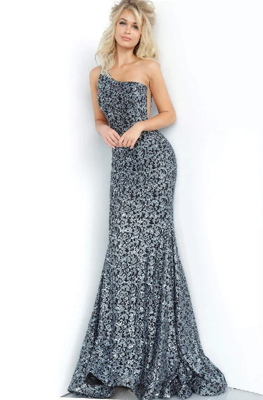Simple Looks Jovani - 3927 Lace One Shoulder Modest Prom Trumpet Dress