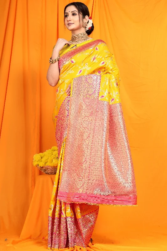 Layered Style Women's Yellow Woven Banarasi Silk Saree With Blouse  (Saree Blouse Without stitch) - Aastha Fashion