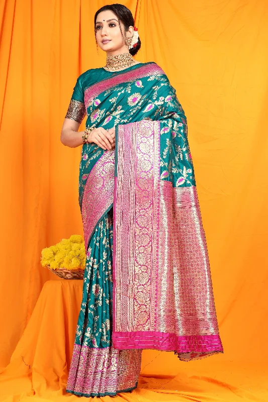 Relaxed Chic Women's Teal Woven Banarasi Silk Saree With Blouse  (Saree Blouse Without stitch) - Aastha Fashion
