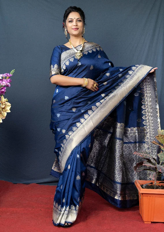 Light Comfort Women's Navy Blue Woven Banarasi Silk Saree With Blouse  (Saree Blouse Without stitch) - Aastha Fashion