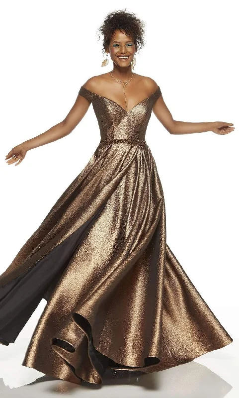 Soft Wearables Alyce Paris - 60718 Off The Shoulder V-Neck Metallic Jacquard A-Line Gown - 1 pc Metallic Purple in Size 16 Available