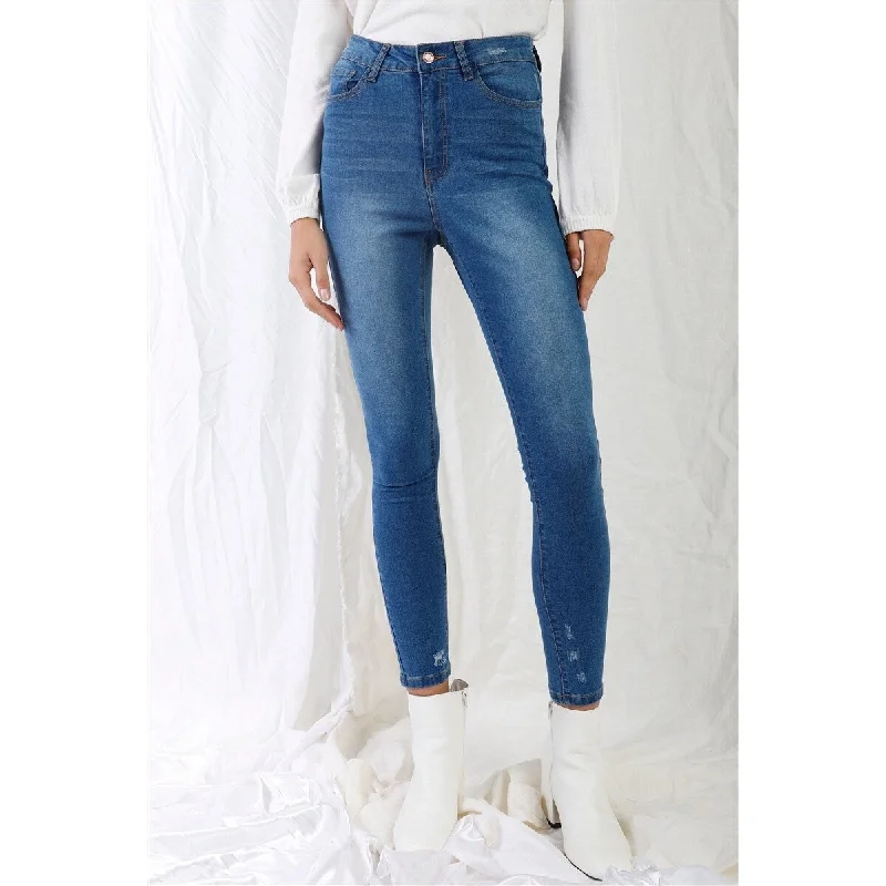 Cozy Essentials Wear Mid Blue High-waisted With Rips Skinny Denim Jeans