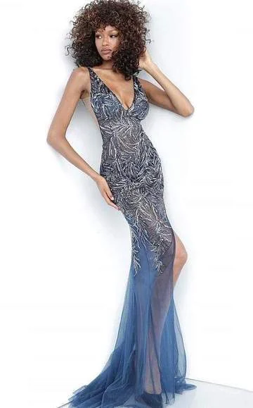Elegant Casuals Jovani - Deep V-Neck Tulle Trumpet Dress 1863SC