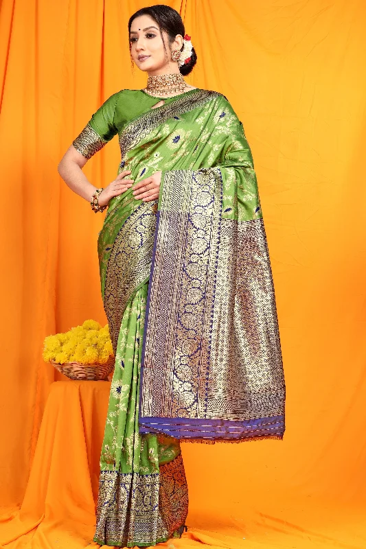 Soft Looks Women's Green Woven Banarasi Silk Saree With Blouse  (Saree Blouse Without stitch) - Aastha Fashion