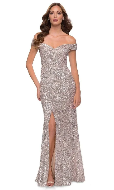 Cozy Footwear La Femme - Off Shoulder Sequined High Slit Dress 29831SC