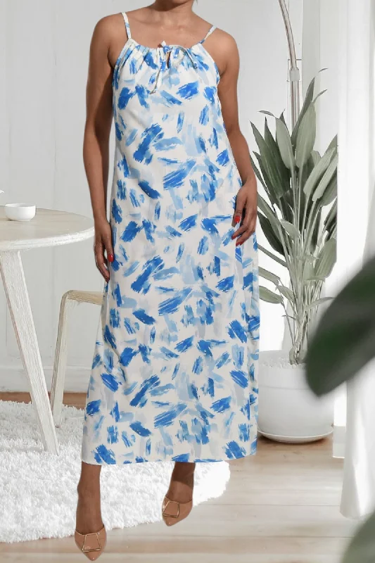 Relaxed Fashion Blue Printed Strappy Maxi Tie Dress