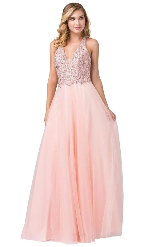Light Layers Dancing Queen - 2532 Beaded Sheer Deep Halter V-neck A-line Gown