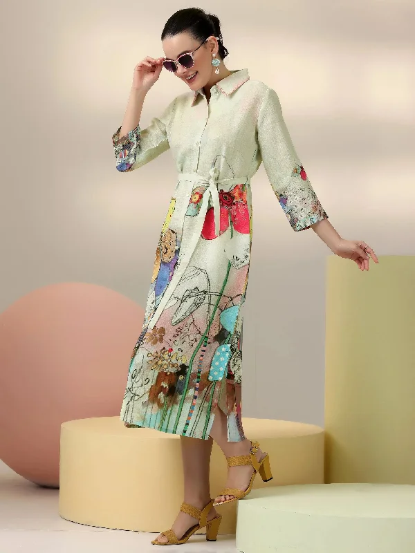 Easygoing Fashion Off White Printed Linen Shirt Dress