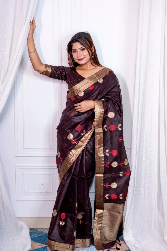 Breathable Style Women's Coffee Woven Cotton Silk Saree With Blouse  (Saree Blouse Without stitch) - Aastha Fashion