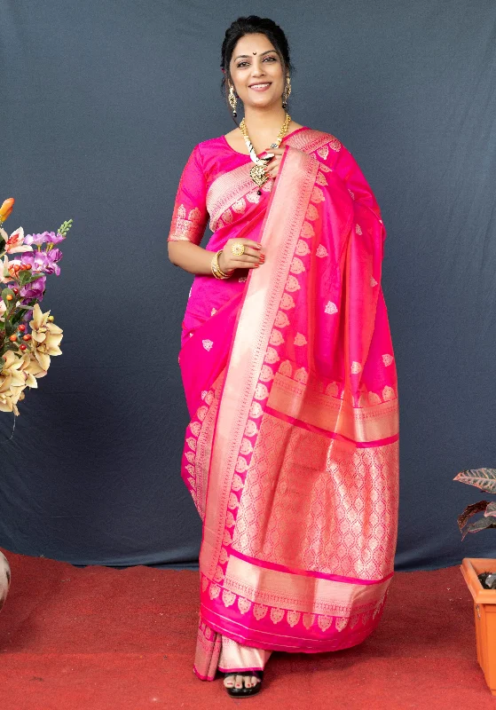 Cozy Street Style Women's Rani Pink Woven Banarasi Silk Saree With Blouse  (Saree Blouse Without stitch) - Aastha Fashion