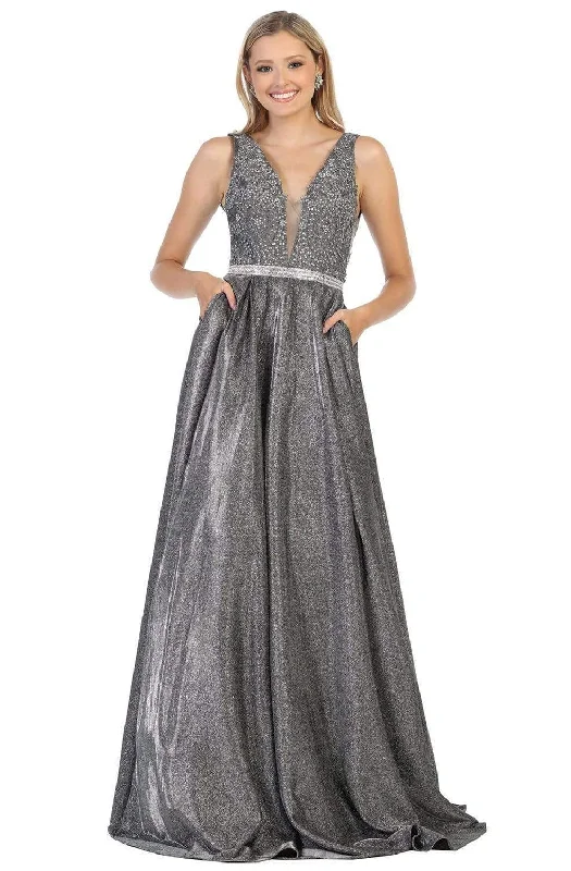 All-Day Style May Queen - Beaded Lace V-Neck Metallic Gown RQ7790 - 1 pc Charcoal Gray In Size 8 Available