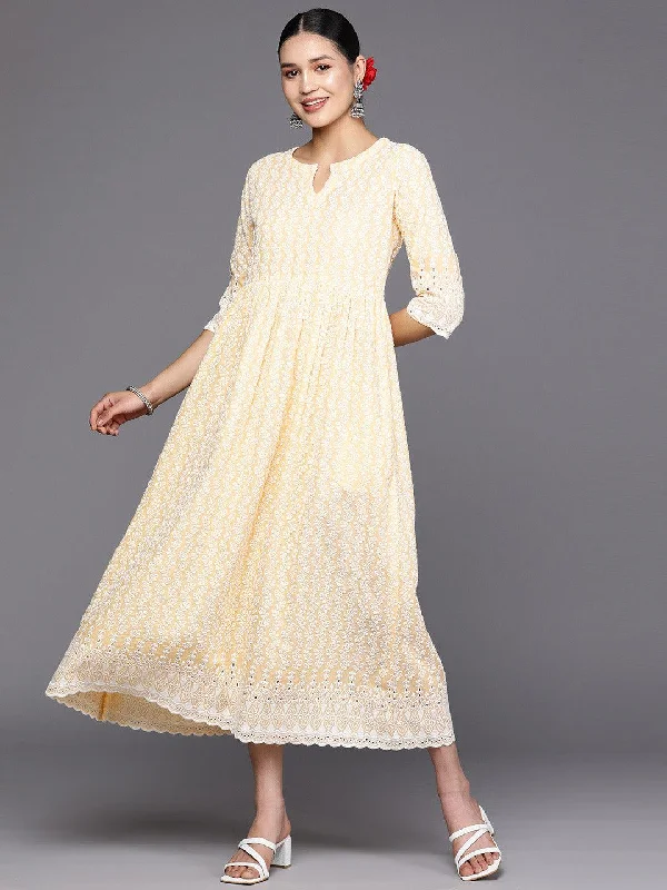 Warm Wear Yellow Embroidered Cotton Fit and Flare Dress