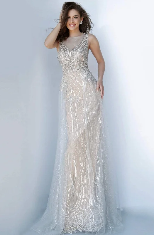 Versatile Outfits Jovani - Trailing Adorned Bateau Sheath Dress 2352SC - 1 pc Silver/Nude In Size 4 Available