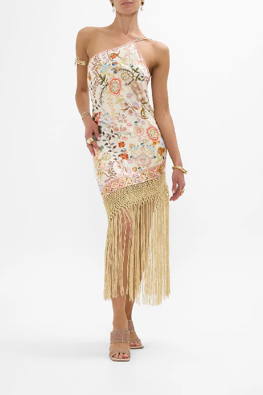 Cozy Apparel ONE SHOULDER DRESS WITH FRINGE HEM IN HONOUR OF HEIRLOOMS