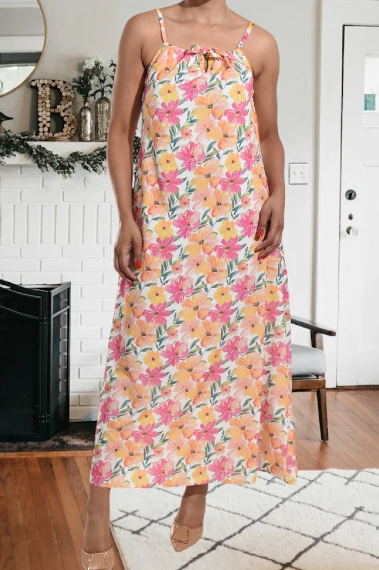 Comfortable Tops Yellow Floral Strappy Maxi Tie Dress