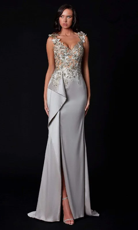 Relaxed Weekend Wear Terani Couture - 2111E4751 Cap Sleeve Floral Lace High Slit Gown