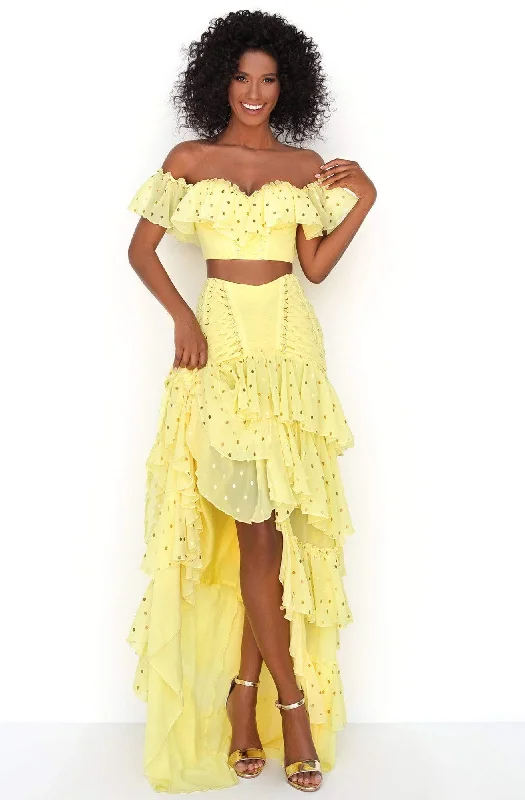 Stylish Jackets Tarik Ediz - 50623 Off-Shoulder Ruffles Dots Chiffon Two-Piece Dress