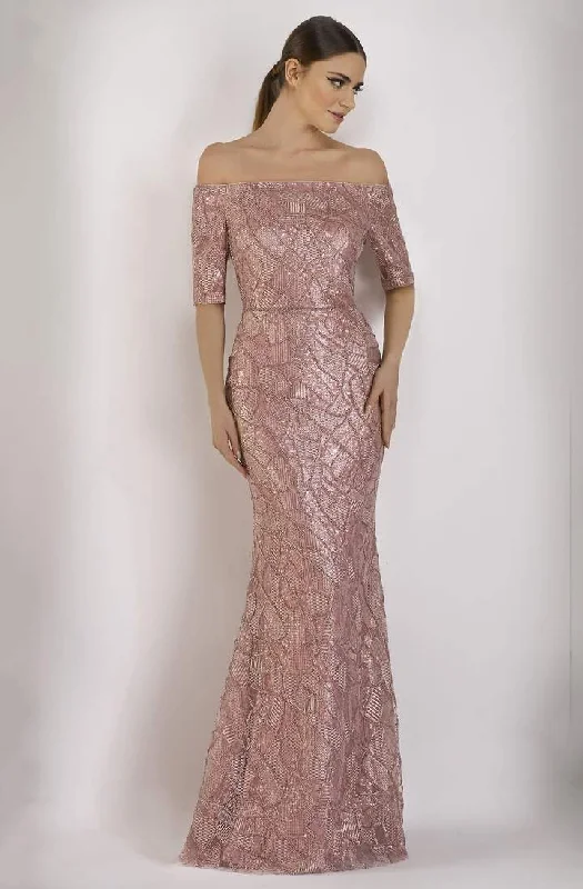 Stylish Casuals Janique - Embellished Off-Shoulder Trumpet Dress JA5017 - 1 pc Rose Gold In Size 10 Available