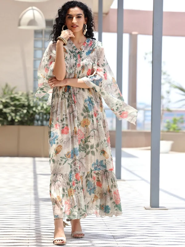 Weekend Comfort Off White Printed Chiffon A-Line Dress