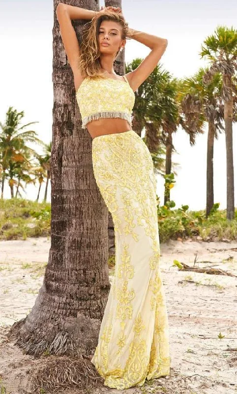 Comfortable Tops Sherri Hill - Two-Piece Bead-Fringed Sheath Gown 54219 - 1 pc Yellow In Size 0 Available