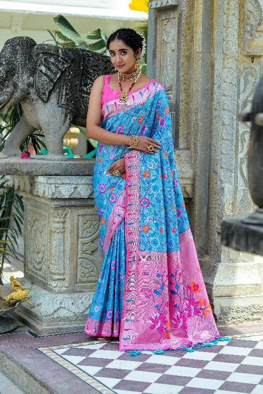 Versatile Style Women's Turquoise Woven Kanjivaram Silk Saree With Blouse  (Saree Blouse Without stitch) - Aastha Fashion