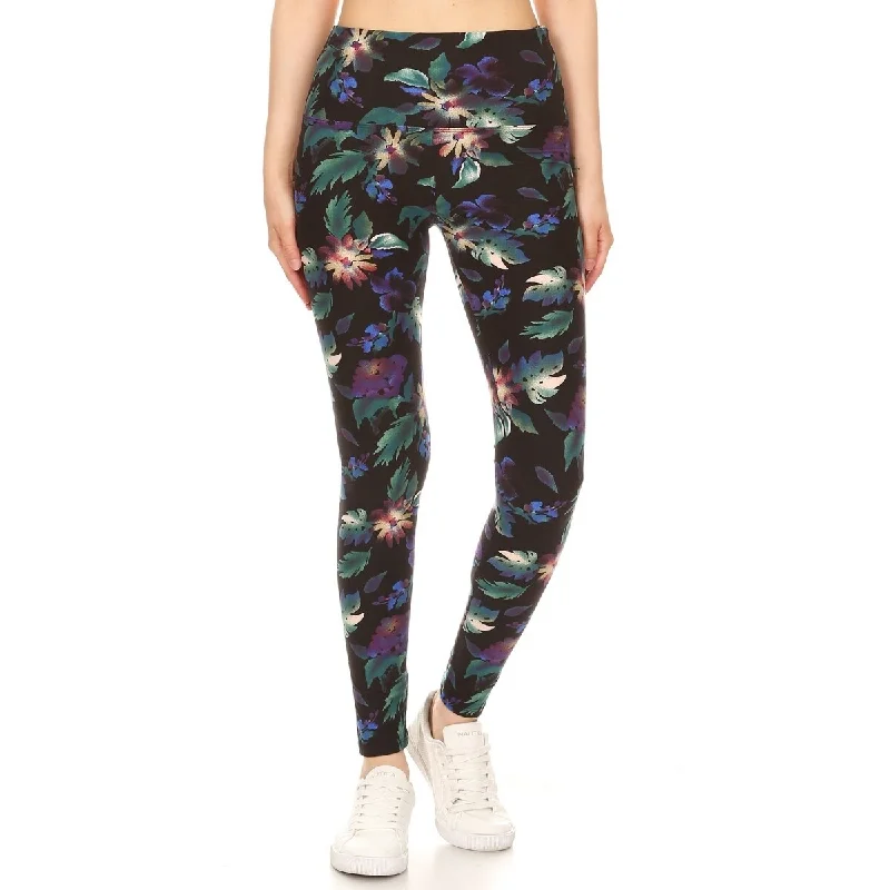 Layered Style Long Yoga Style Banded Lined Floral Printed Knit Legging With High Waist