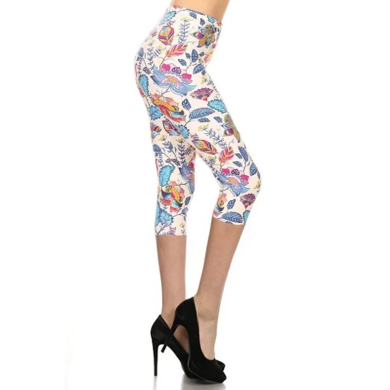 Comfy Layers Floral Printed Lined Knit Capri Legging With Elastic Waistband