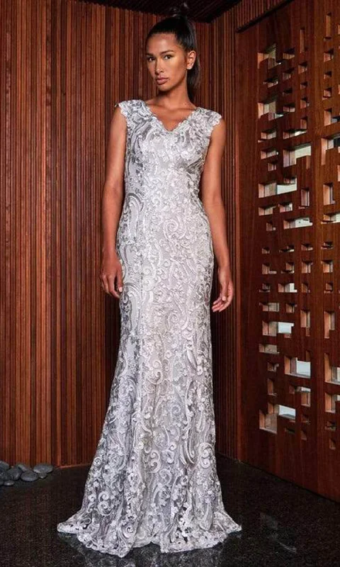 Cozy Apparel Tadashi Shoji - Sleeveless Pleated Lace Evening Gown BPP1345LX - 1 pc Silver In Size 16 Available
