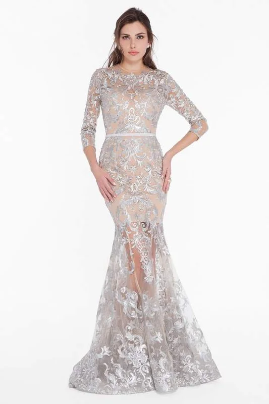 Cozy Lifestyle Terani Couture - Embroidered Sheer Jewel Trumpet Dress 1822GL7509 - 1 pc Silver Nude In Size 8 Available