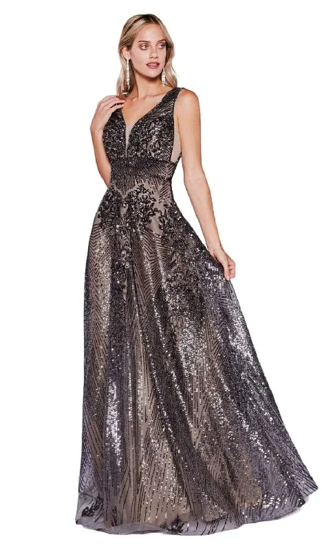 Weekend Comfort Cinderella Divine - Sequined Deep V-neck A-line Gown CD09 - 1 pc Dark Silver In Size 6 Available
