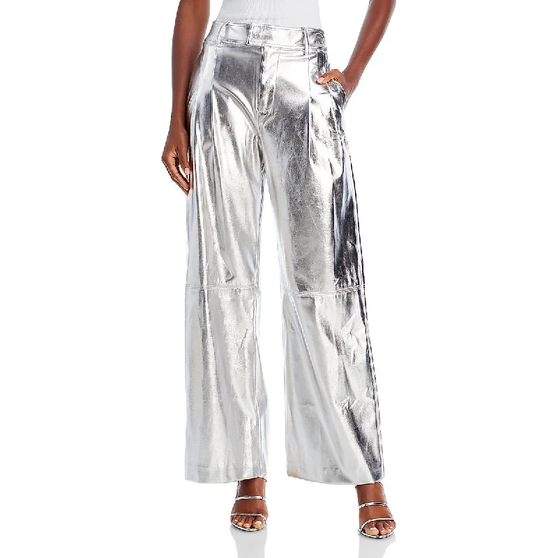 Modern Chic Line & Dot Womens Tinsley Metallic Faux Leather Wide Leg Pants