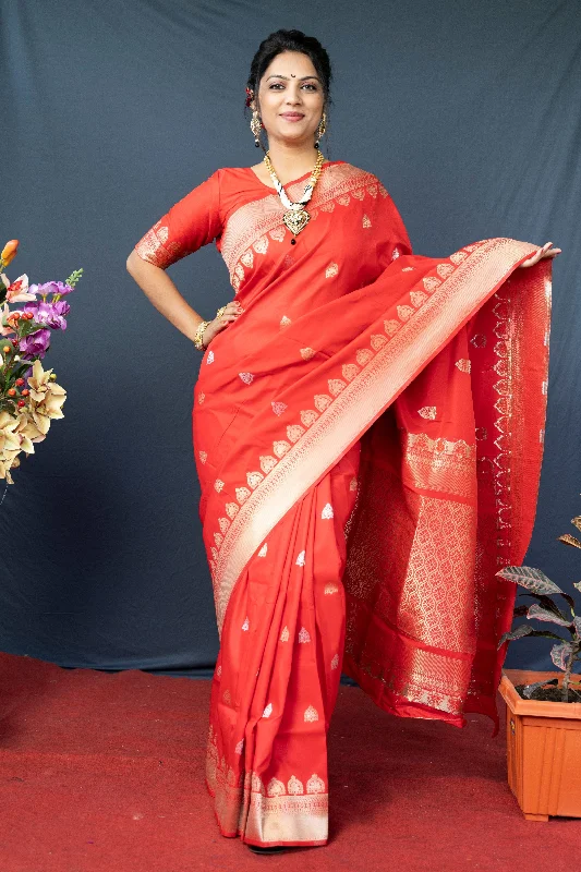 Modern Comfort Wear Women's Red Woven Banarasi Silk Saree With Blouse  (Saree Blouse Without stitch) - Aastha Fashion