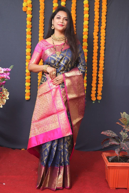 Chic Comfort Wear Women's Navy Blue Woven Kanjivaram Silk Saree With Blouse  (Saree Blouse Without stitch) - Aastha Fashion