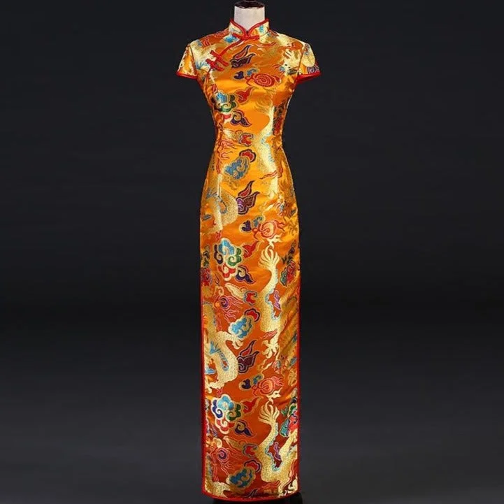 Cozy Chic Wear Dragon & Phoenix Pattern Full Length Brocade Cheongsam Evening Dress