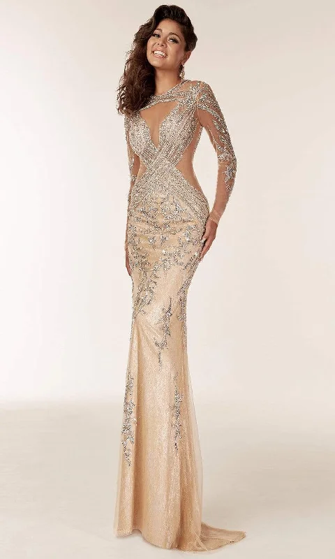 Chic Comfort Wear Jasz Couture - Long Sleeve Embellished Sheath Gown 6204