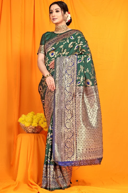 Cozy Outerwear Women's Bottle Green Woven Banarasi Silk Saree With Blouse  (Saree Blouse Without stitch) - Aastha Fashion