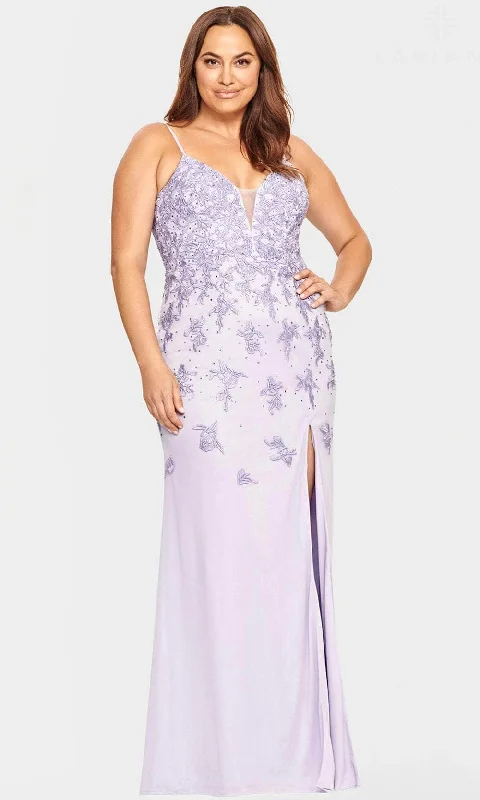 Comfortable Jeans Faviana 9539 - Embroidered Tulle Long Dress with Slit