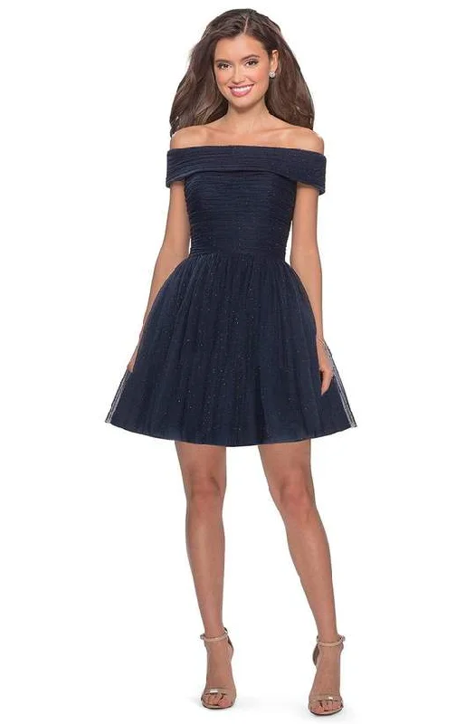 Soft Comfort La Femme - Off Shoulder Pleated A-Line Dress 28234SC - 1 pc Navy In Size 8 Available