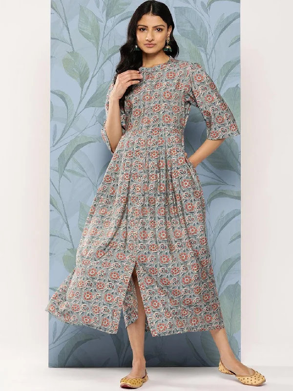 Simple Comfort Grey Printed Silk Fit and Flare Dress