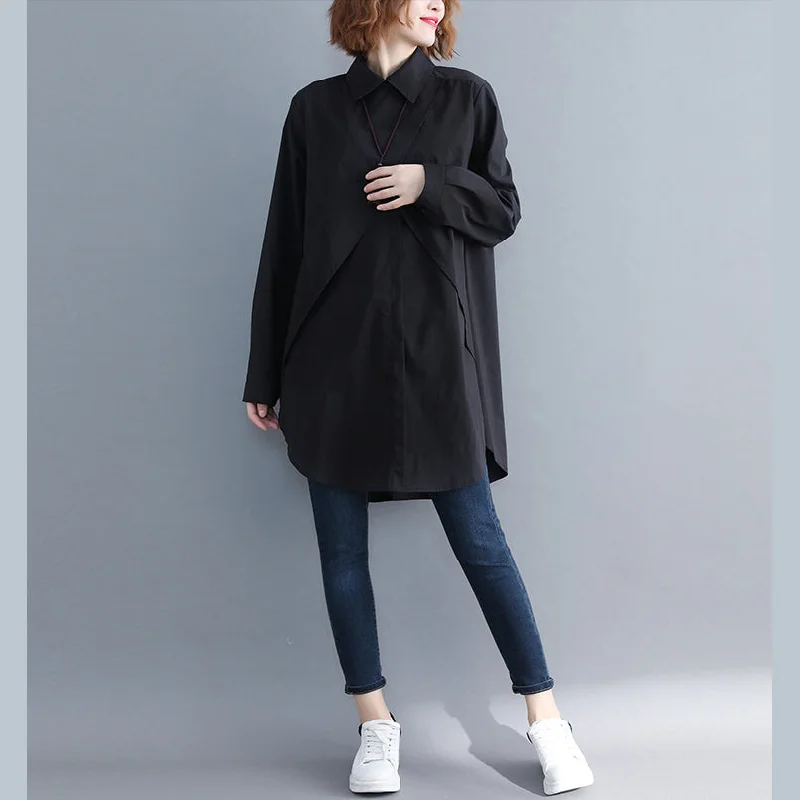 Fashionable Comfort Italian lapel asymmetric cotton crane tops black Midi blouse