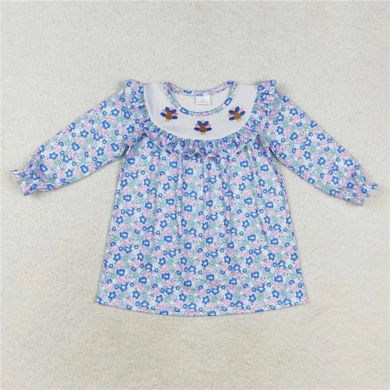 Cozy Fitting GLD0600  Baby Girls Blue Floral Thanksgiving Turkey Sibling Dresses Clothes Sets