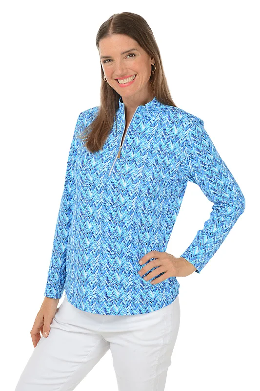 Casual Chic Looks Blue Chevron Mock Neck UPF50+ Top