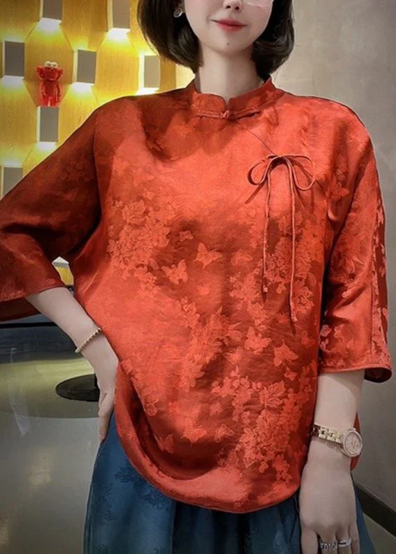 Cozy Fashions Original Red Stand Collar Chinese Button Bow Silk Top Three Quarter sleeve