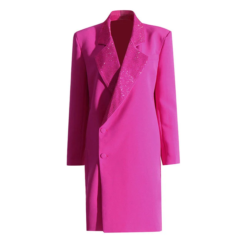 Elegant Casuals Shimmering Crystal Notch Lapel Padded Long Sleeve Single Breasted Blazer Coat