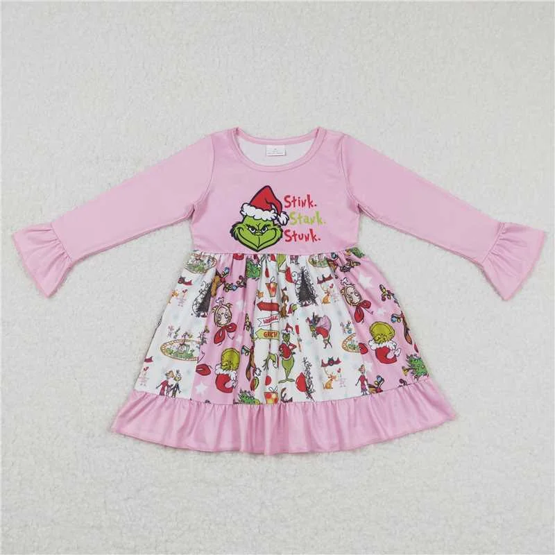 Relaxed Weekend Wear GLD0457  Baby Girls Pink Christmas Frog Ruffle Knee Length Dresses