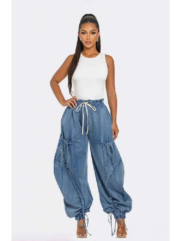 Soft Comfort Wear Bow Drawstring Lace-Up Denim Mid-rise Jeans