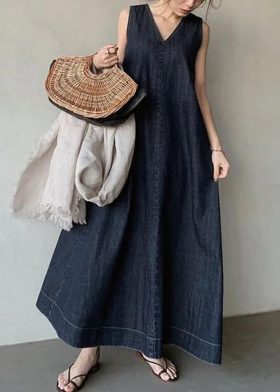 Soft Wearables Plus Size Black Necek Tie Patchwork Solid Holiday Maxi Denim Dress Sleeveless