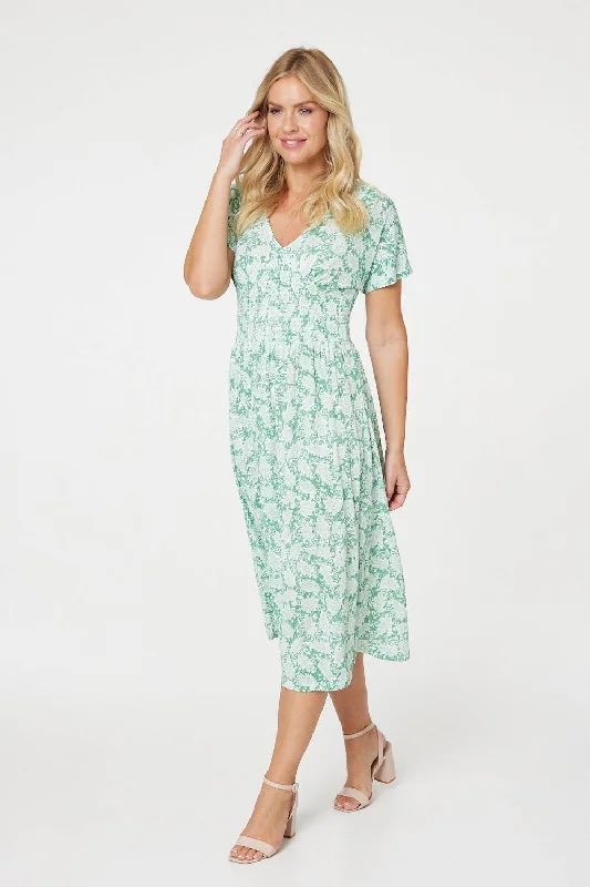 Breathable Style Paisley Shirred Detail Midi Dress